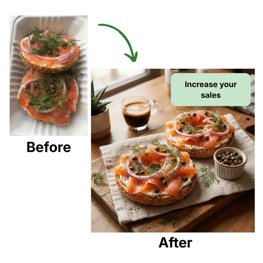 A phone photo of a dish transformed into a professional food photograph with PlateSnap